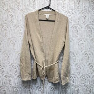 Sarah Spencer Cardigan Women XL Beige Lambswool Angora Metallic Wrap Sweater Tie